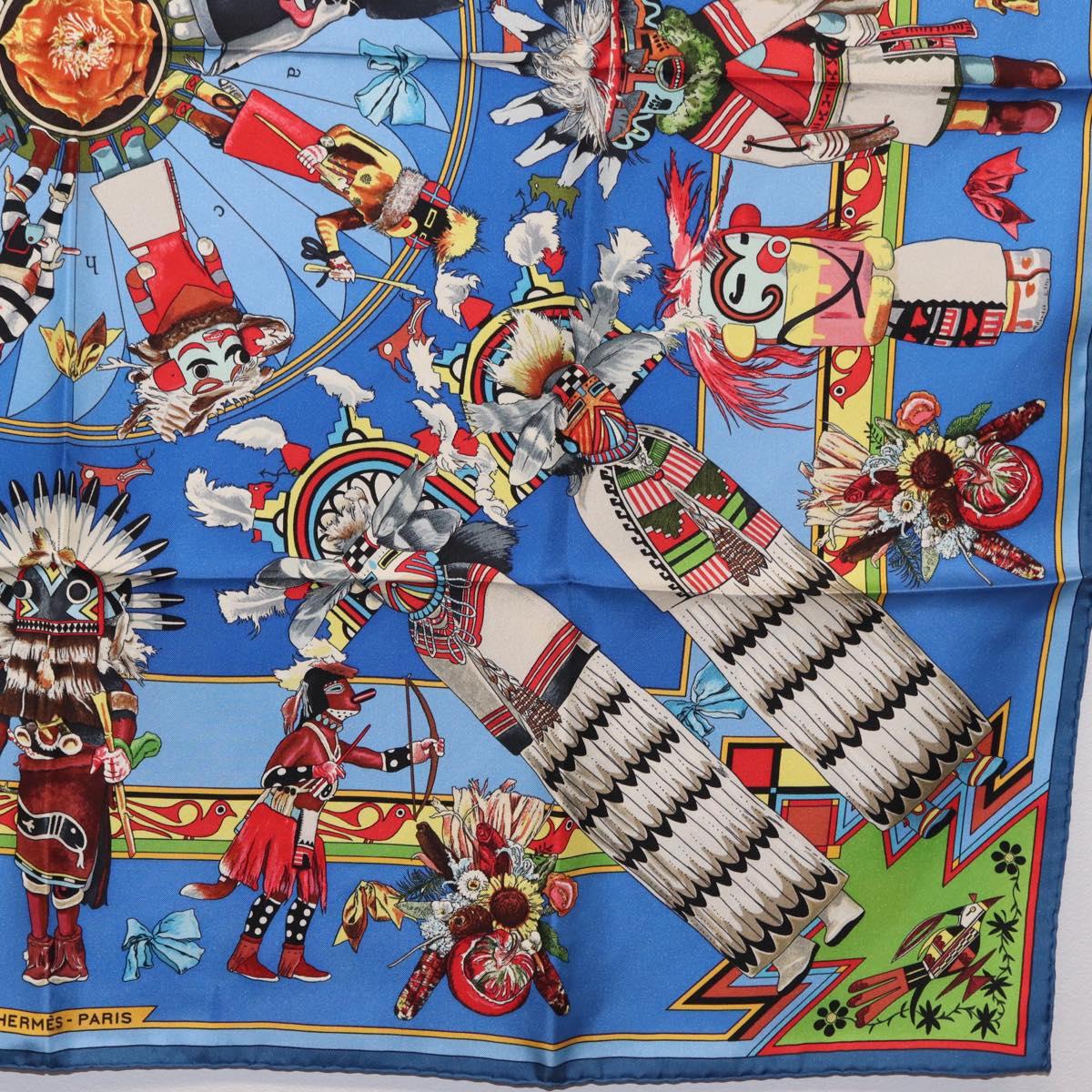 HERMES Carre 90 Scarf Silk Blue Red "KACHINAS" Auth ki6872M image 10