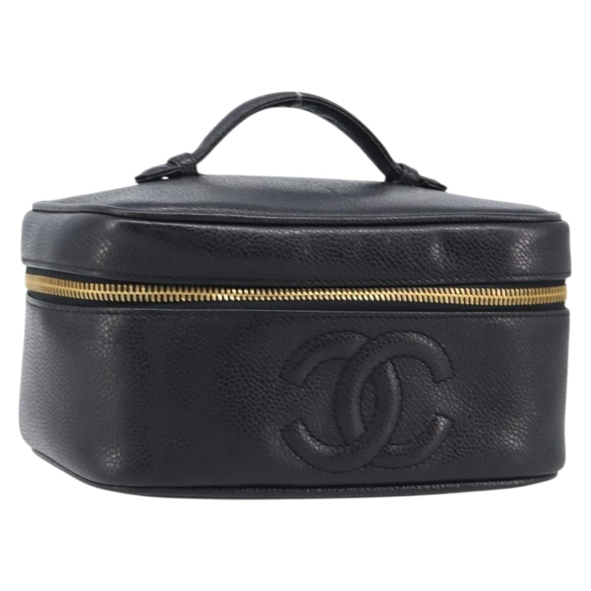 CHANEL Vanity Cosmetic Pouch Caviar Skin Black Gold CC Auth BA16061V