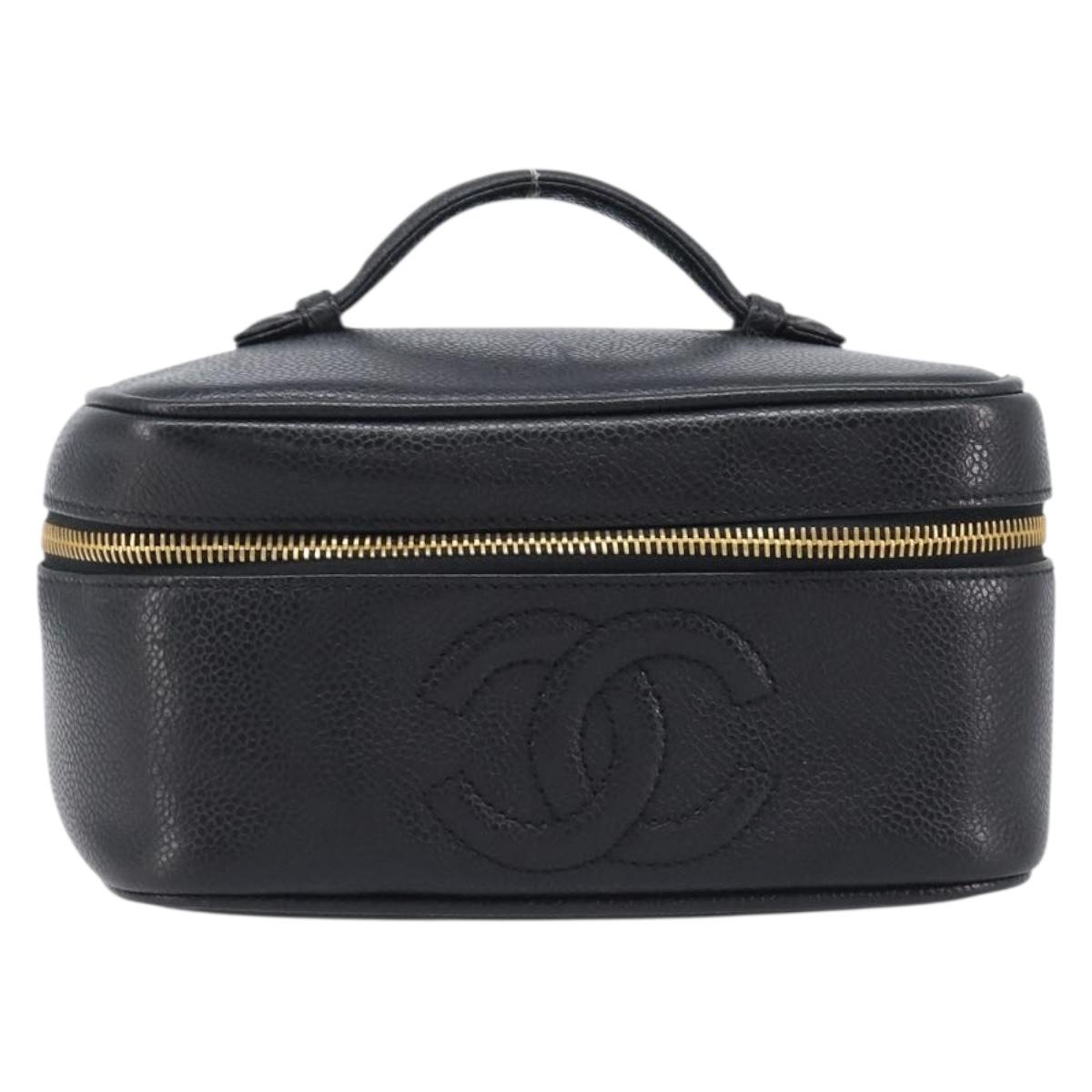 CHANEL Vanity Cosmetic Pouch Caviar Skin Black Gold CC Auth BA16061V image 2