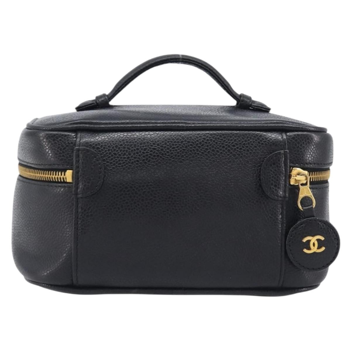 CHANEL Vanity Cosmetic Pouch Caviar Skin Black Gold CC Auth BA16061V image 3