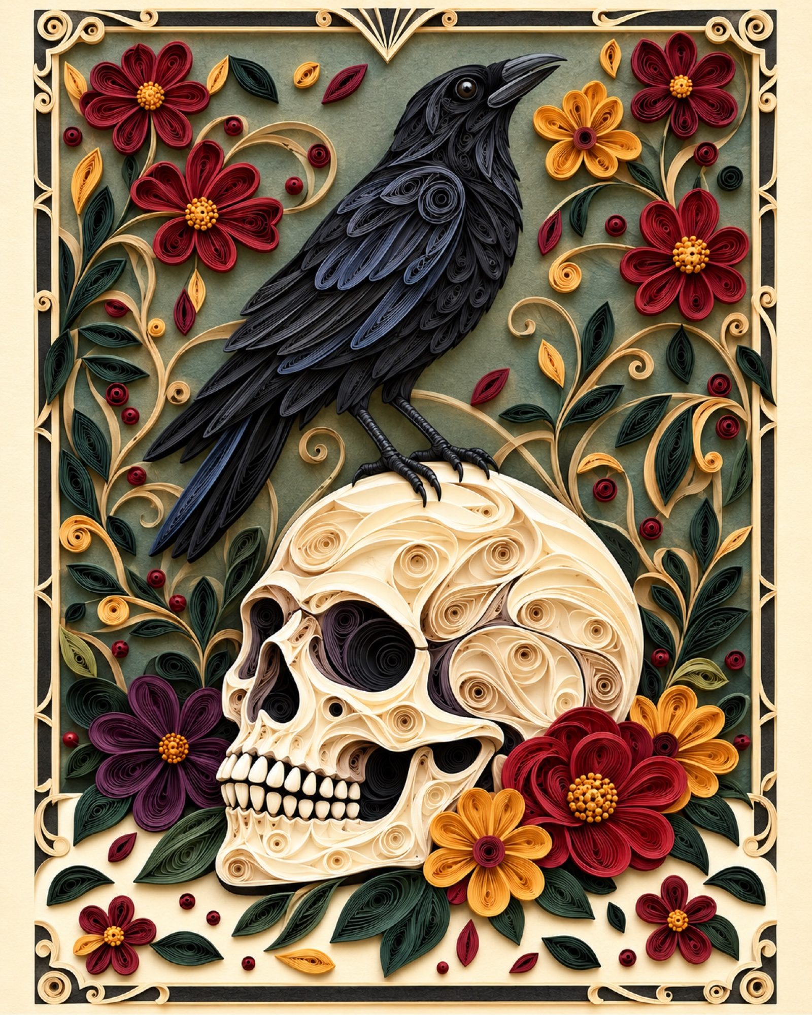 8x10 Framed Raven Skull & Floral Gothic Quill Art Print