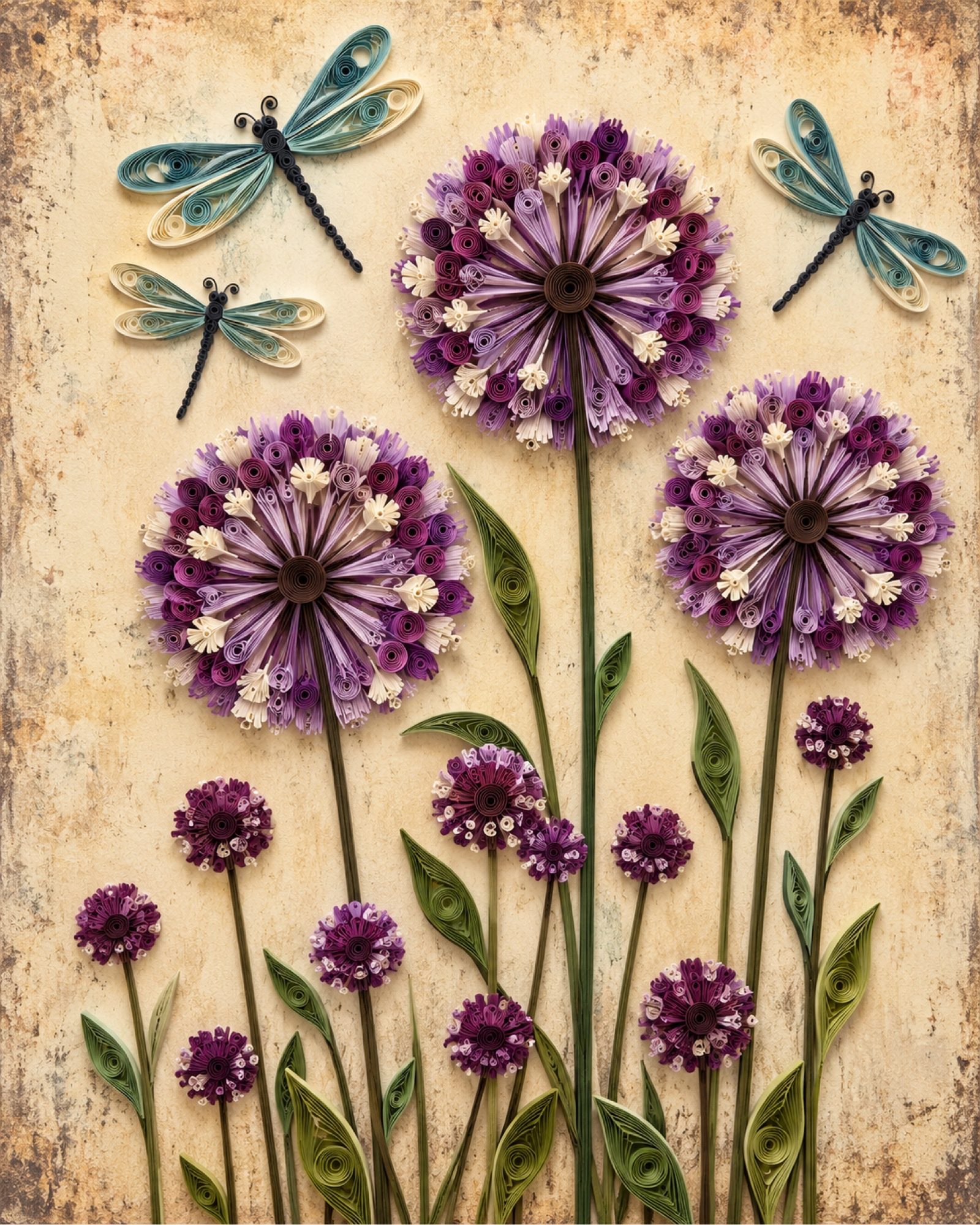 8x10 Framed Purple Floral & Dragonfly Quill Art Print