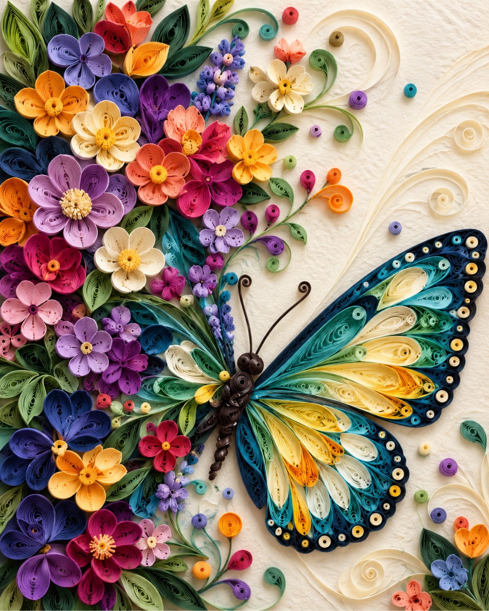 8x10 Framed Colorful Butterfly & Floral Quill Art Print
