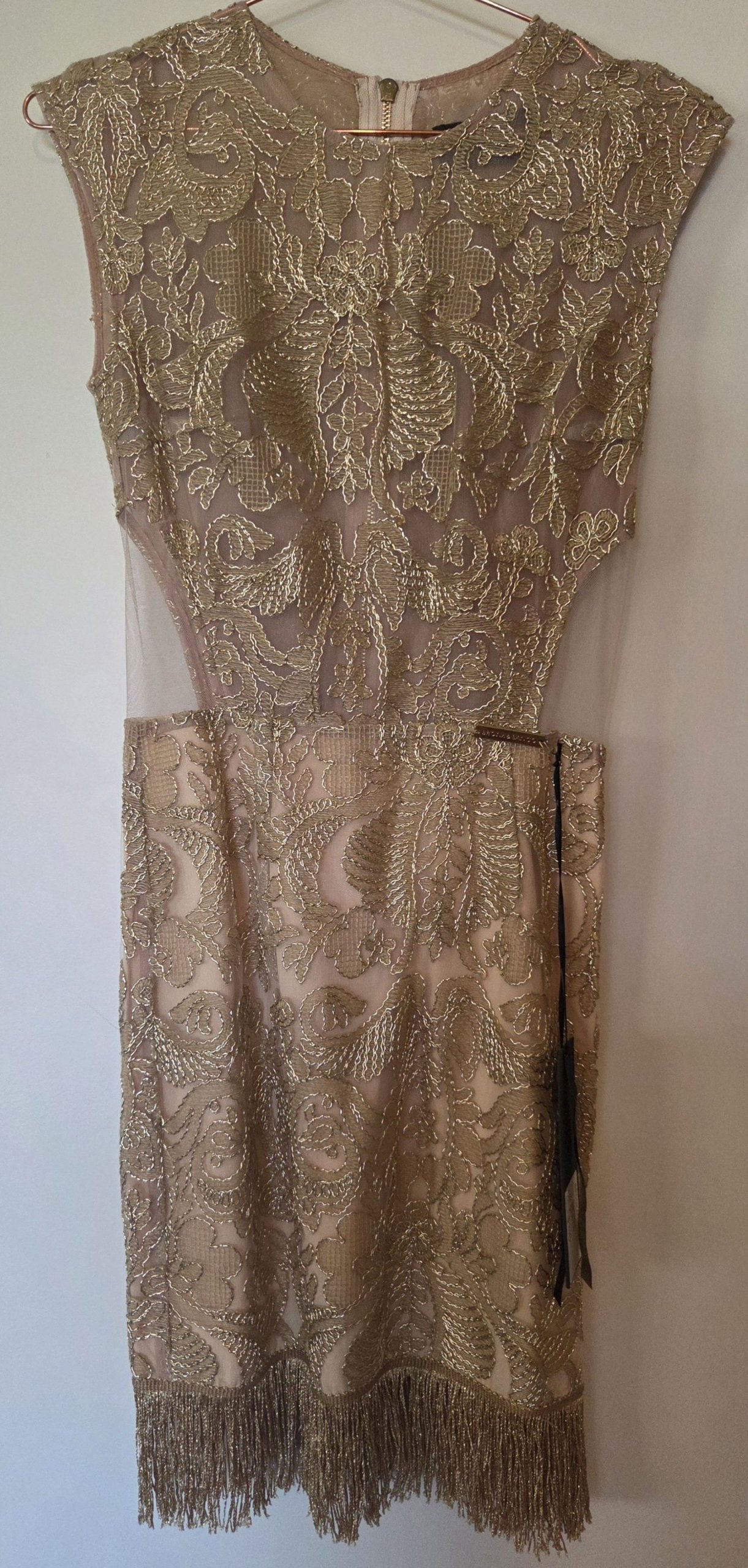 Bronx and Banco Gold Embroidered Lace & Fringe Dress Size 8 NWT