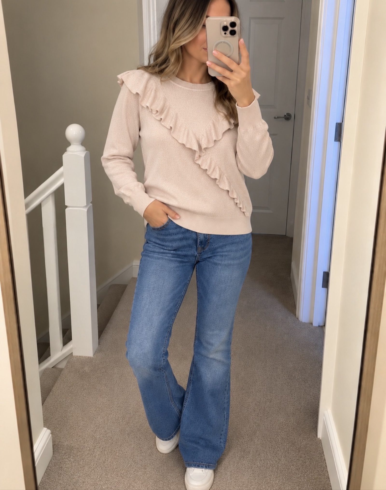 Next Dusty Pink Sparkle Frill Jumper Size Small | Round Neck Ribbed Cuffs & Hem