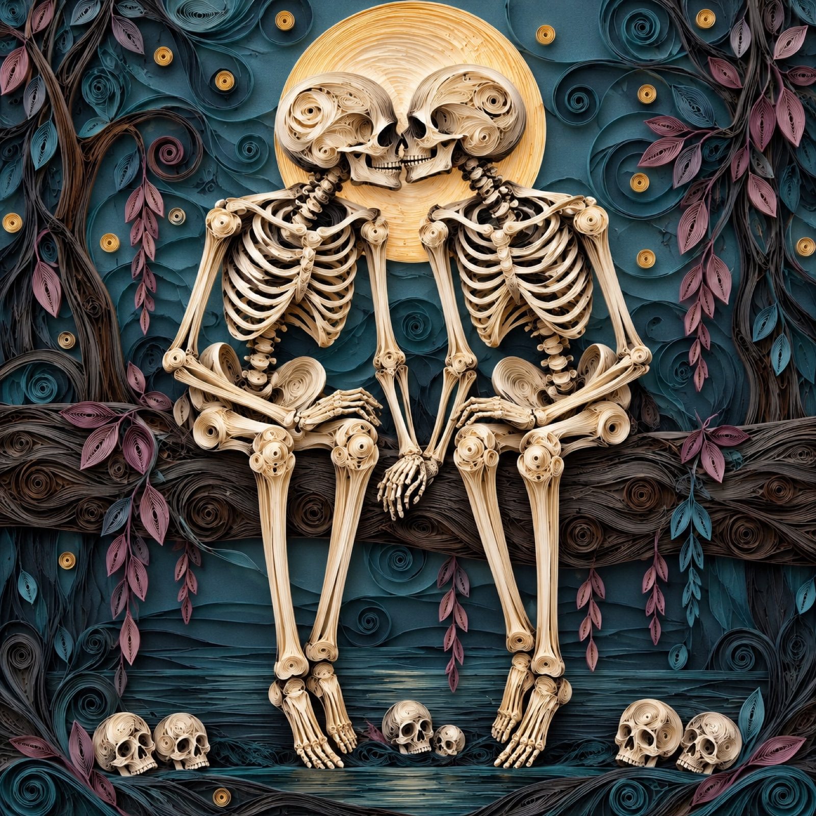 8x8 Framed Skeleton Couple Wall Art – Moonlit Gothic Paper Quill Style Print
