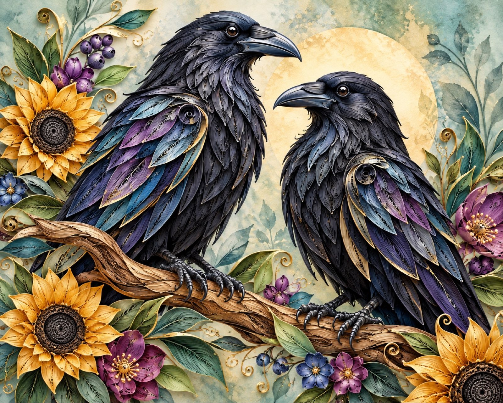 10x8 Framed Raven Wall Art – Colorful Sunflower Paper Quill Style Print