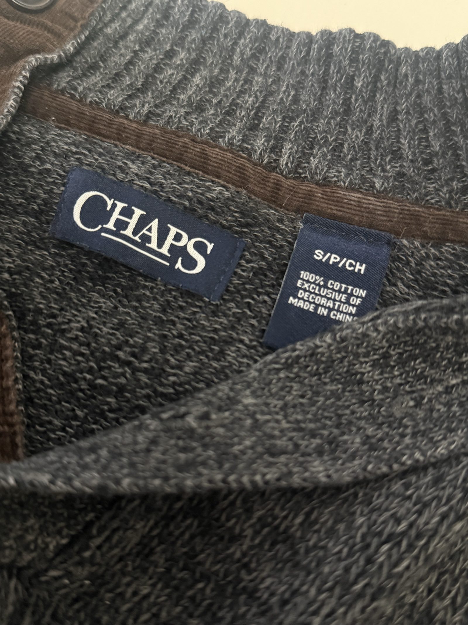Chaps Men's Grey Cotton Sweater Small with Brown Elbow Patches
