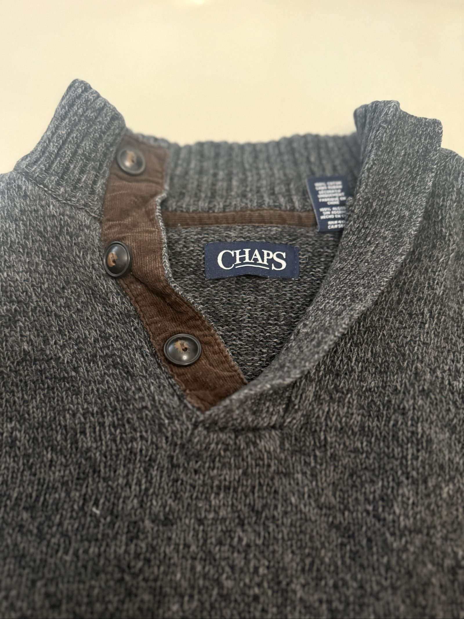 Chaps Men's Grey Cotton Sweater Small with Brown Elbow Patches image 7