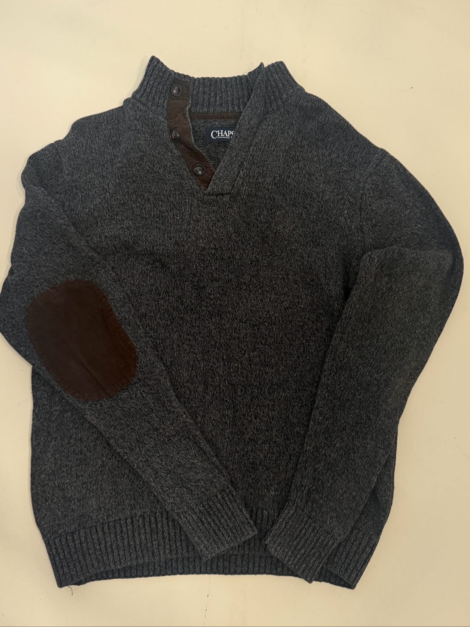 Chaps Men's Grey Cotton Sweater Small with Brown Elbow Patches image 4