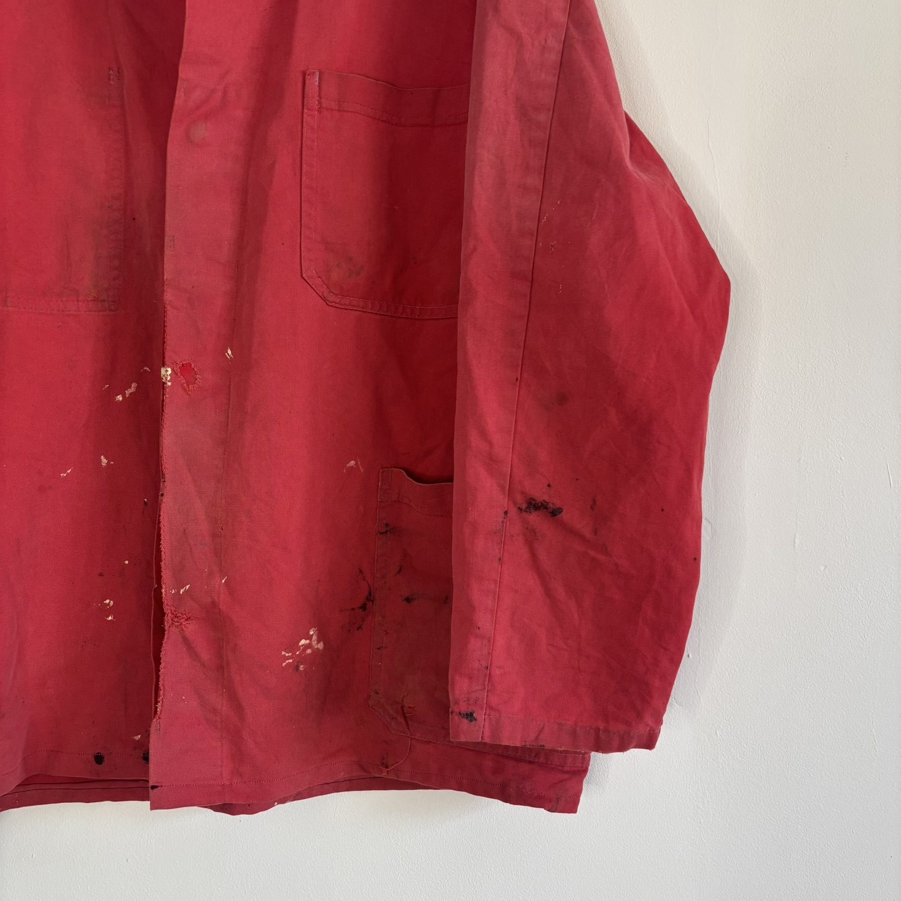 Vintage 80s Euro Workwear Chore Jacket Faded Red Paint Distressed Mens L/XL image 6