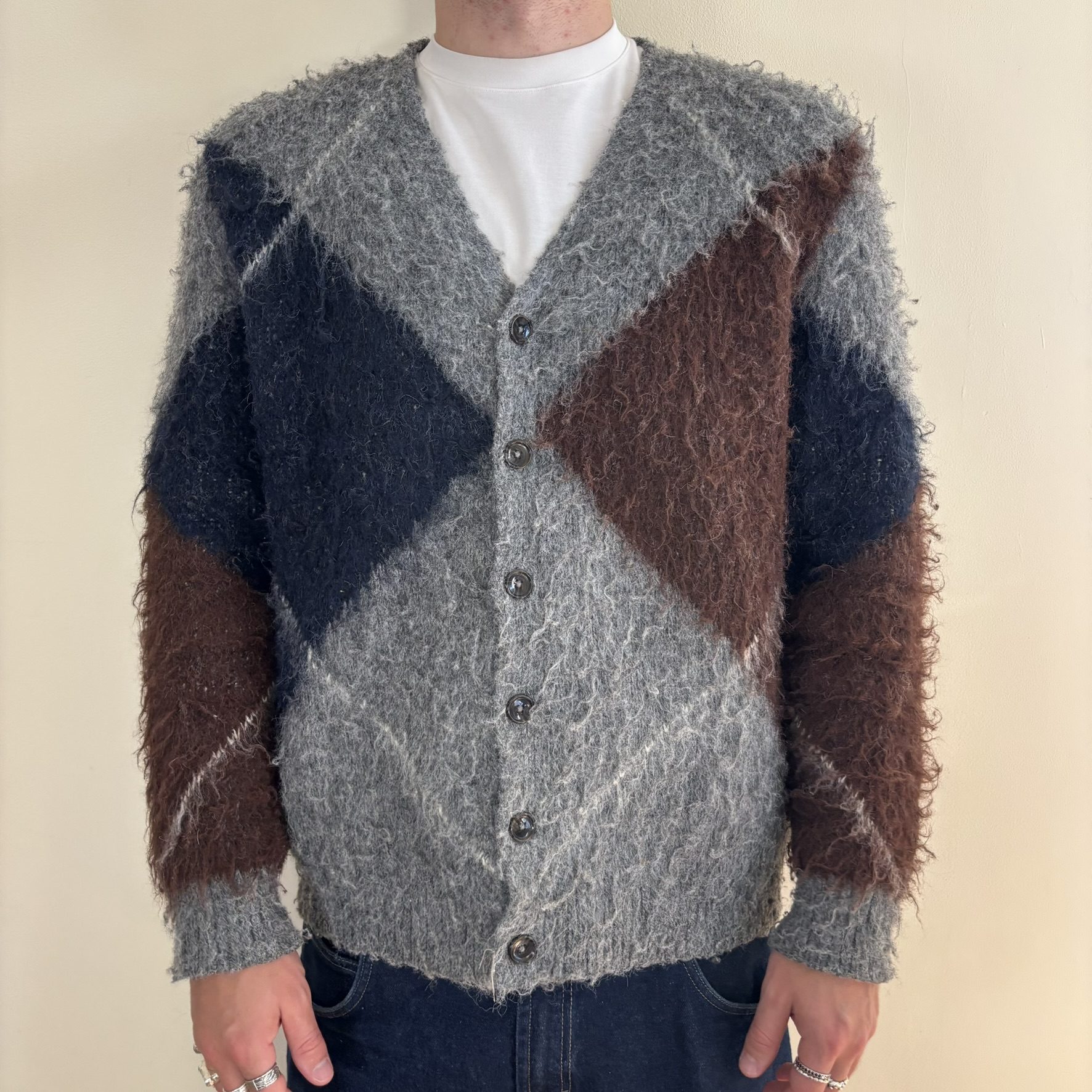 Vintage 70s Shaggy Mohair Cardigan Grey Navy Brown Argyle Button Mens Large
