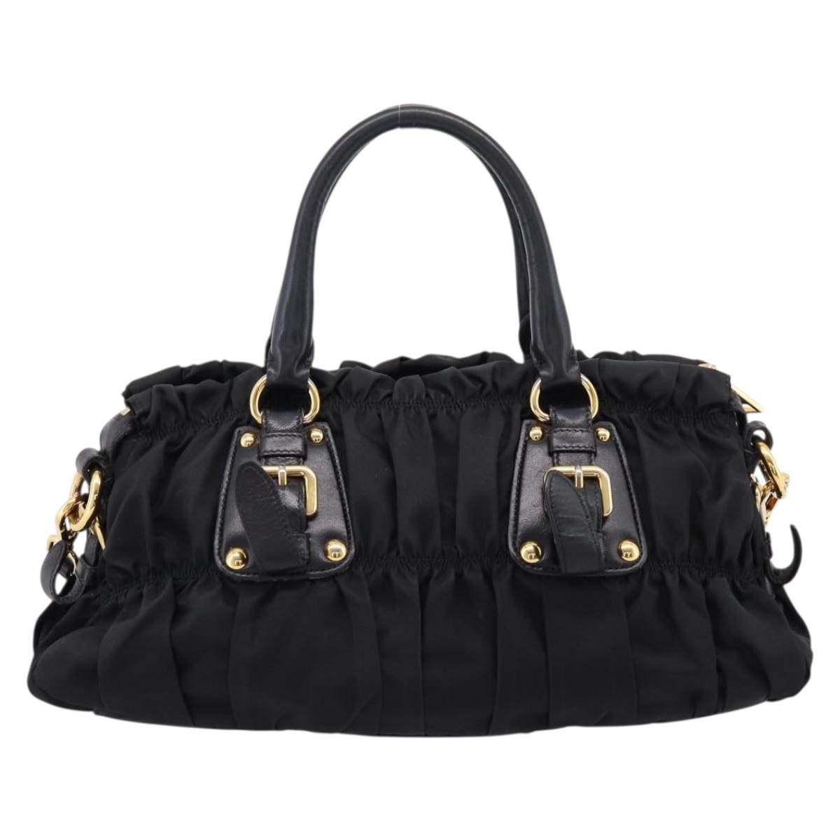 PRADA Gathered Hand Bag Nylon 2way Black Gold Auth BA16051A image 2