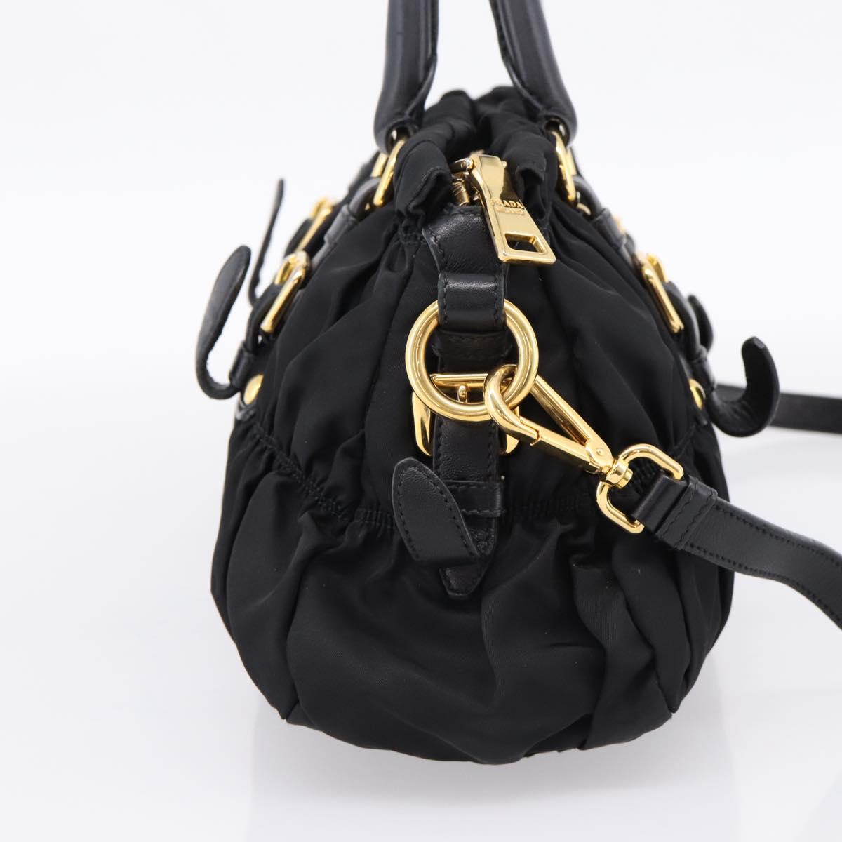 PRADA Gathered Hand Bag Nylon 2way Black Gold Auth BA16051A image 3