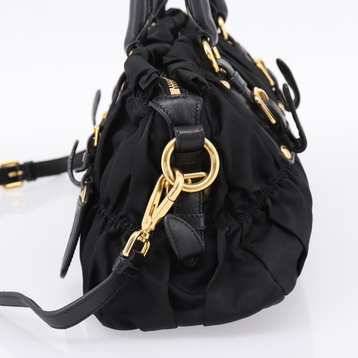 PRADA Gathered Hand Bag Nylon 2way Black Gold Auth BA16051A image 4