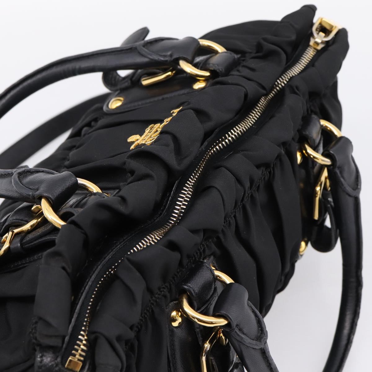 PRADA Gathered Hand Bag Nylon 2way Black Gold Auth BA16051A image 6