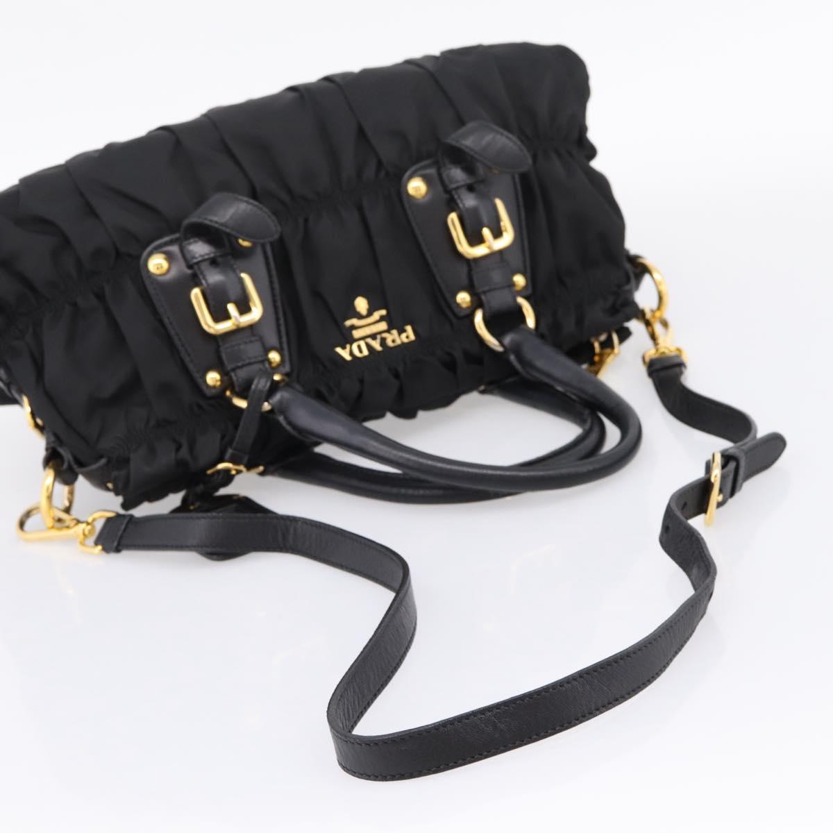 PRADA Gathered Hand Bag Nylon 2way Black Gold Auth BA16051A image 9