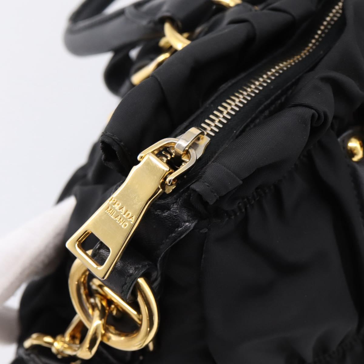 PRADA Gathered Hand Bag Nylon 2way Black Gold Auth BA16051A image 10