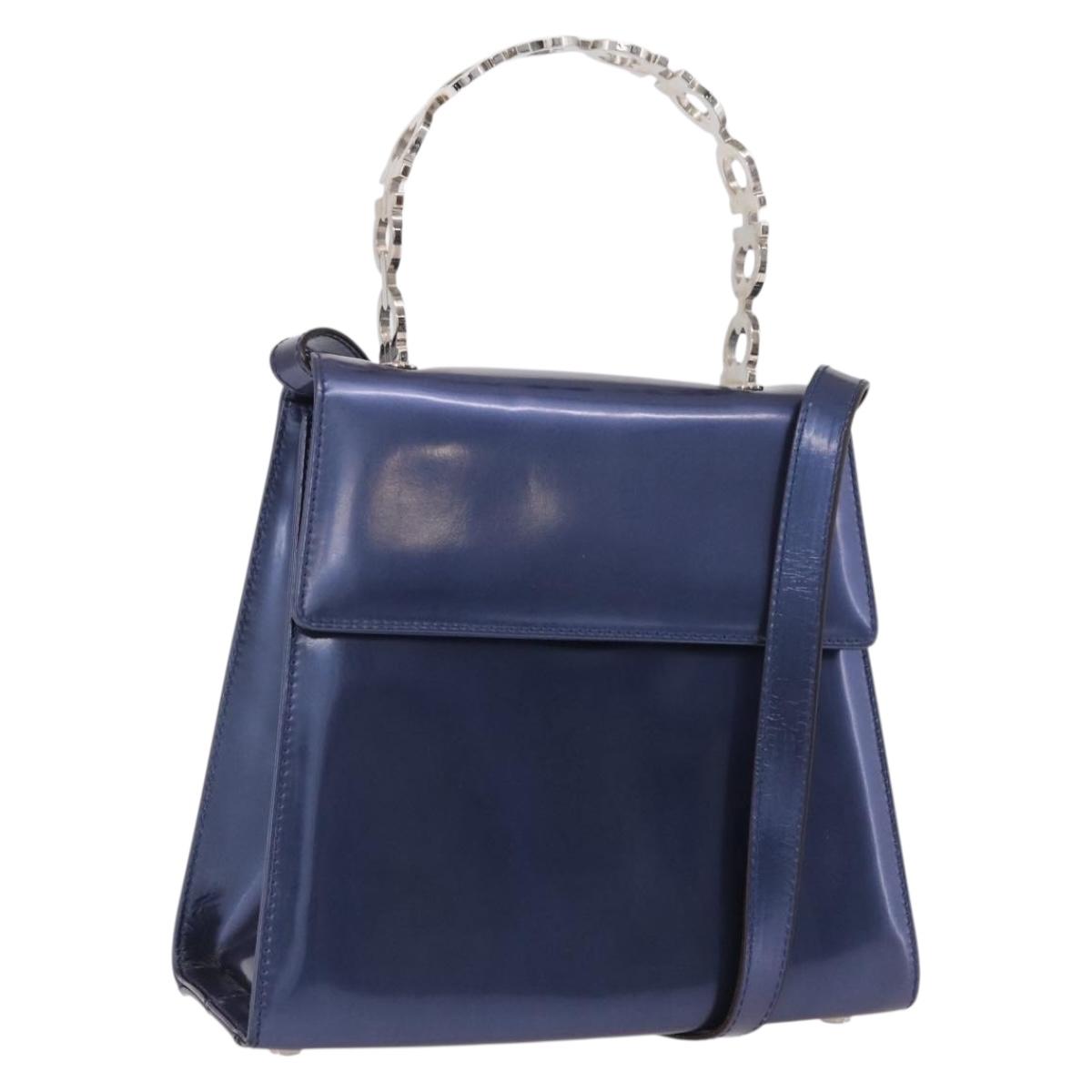 Salvatore Ferragamo Gancini Bag Patent leather 2way Navy Silver Auth 206330A