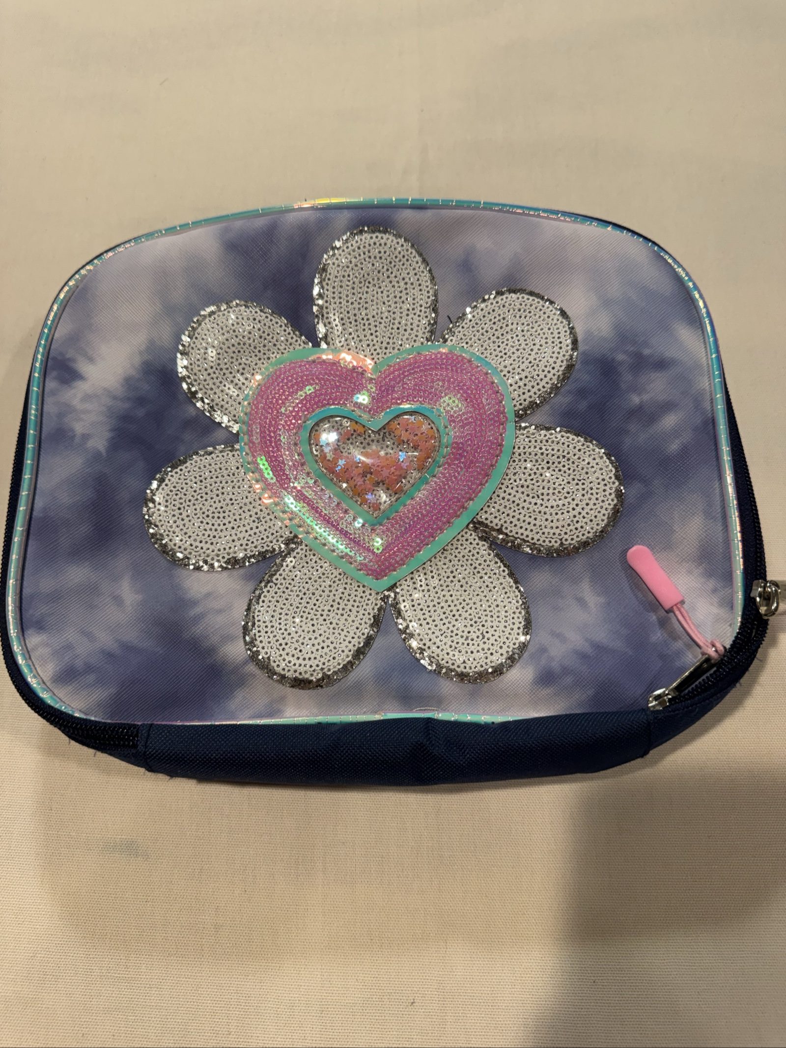 Girl's Sequin Flower Heart Lunch Bag - Purple/Pink - Glitter Shaker Detail