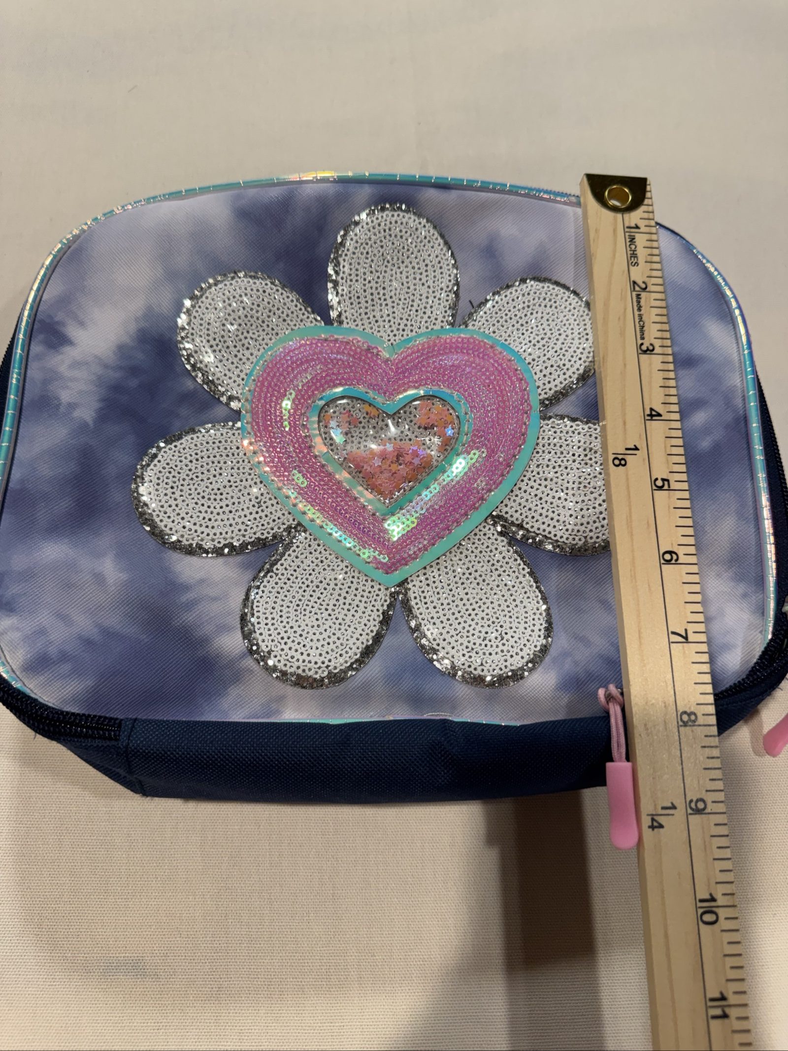 Girl's Sequin Flower Heart Lunch Bag - Purple/Pink - Glitter Shaker Detail image 3