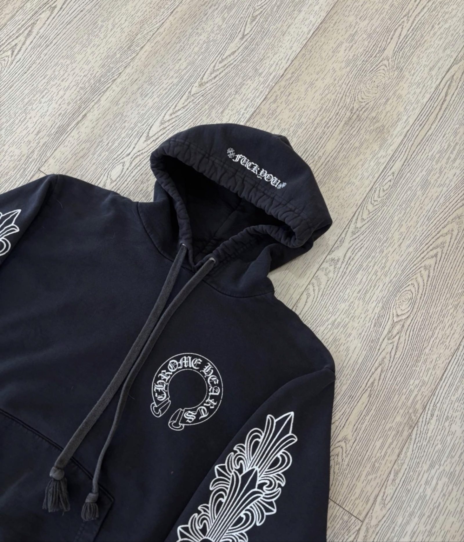 Chrome Hearts Black Cotton Hoodie Large with White Sleeve Prints image 3
