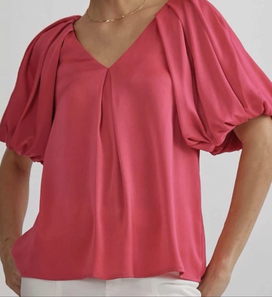 Entro Women's Hot Pink V-Neck Satin Blouse Large Bubble Sleeve