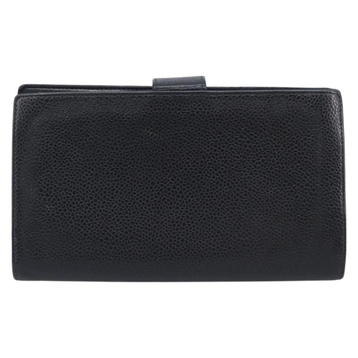 CHANEL Long Wallet Caviar Skin Black Gold CC Auth 206812 image 2