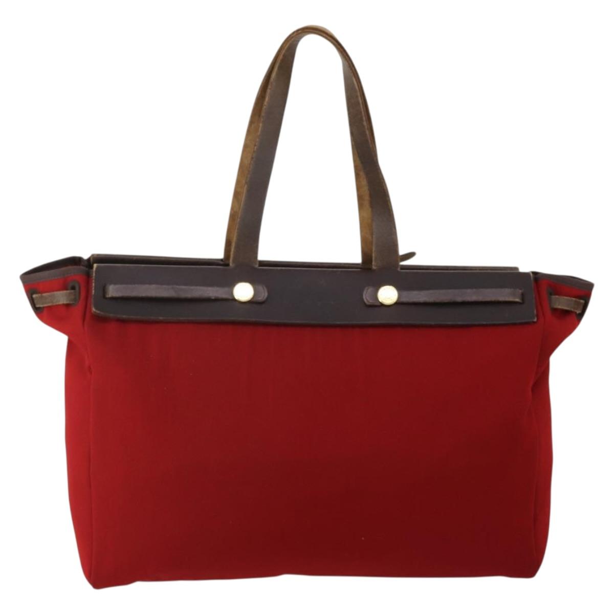 HERMES Herbag Cabas MM Hand Bag Canvas Leather Red Gold Auth bs36333 image 2