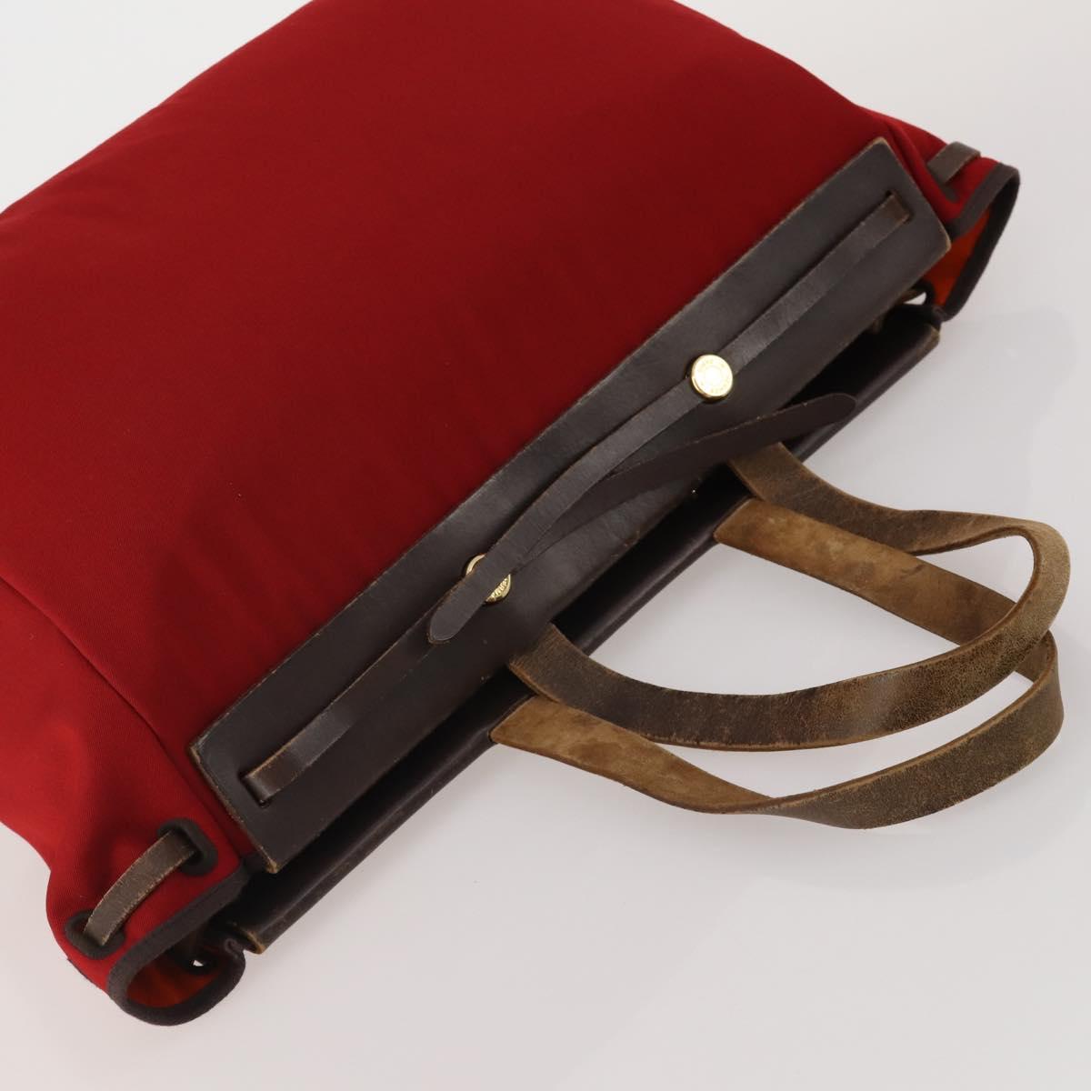 HERMES Herbag Cabas MM Hand Bag Canvas Leather Red Gold Auth bs36333 image 6