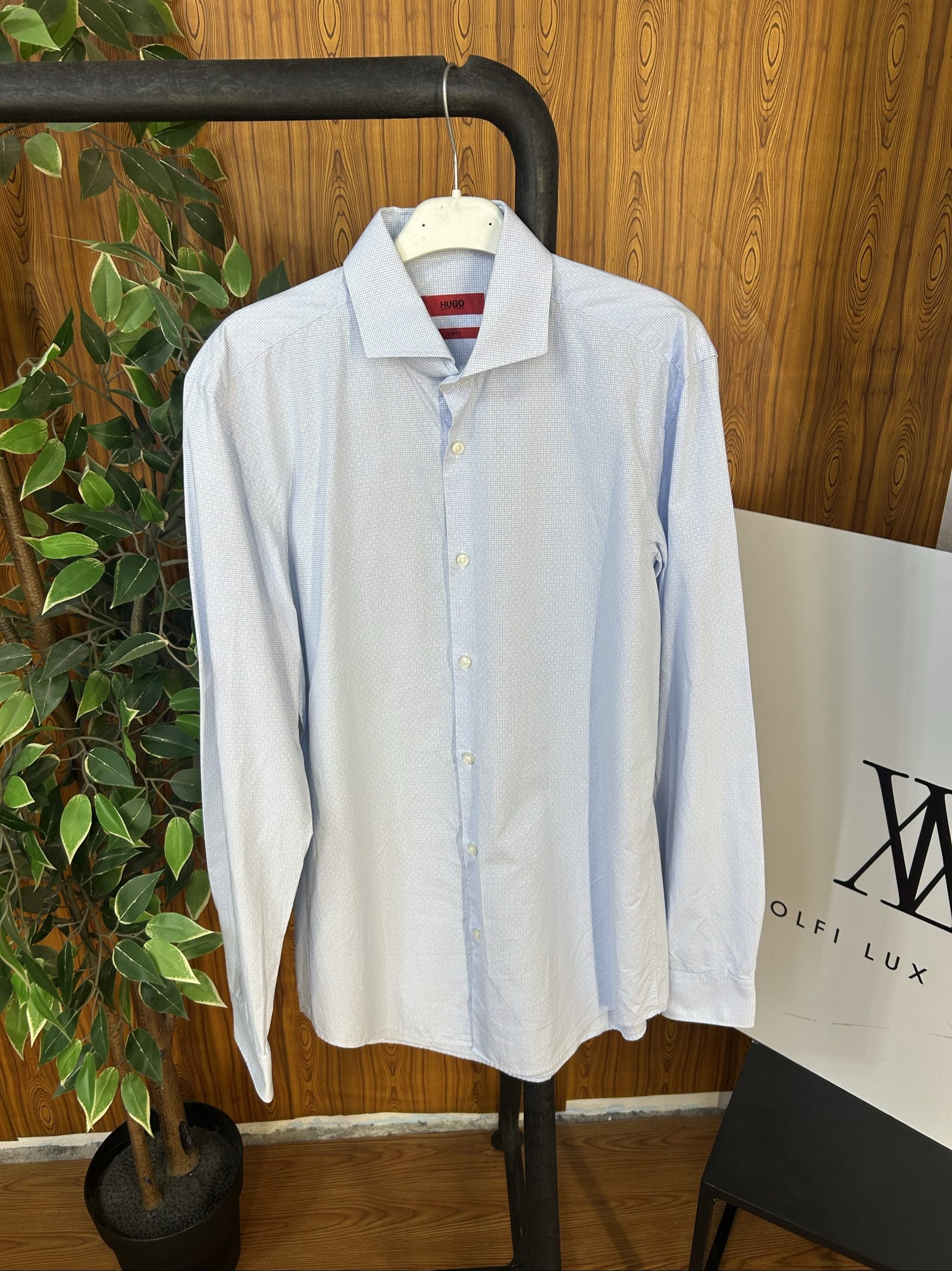 Hugo Uomo Camicia Slim Fit Celeste a Quadretti 38/15