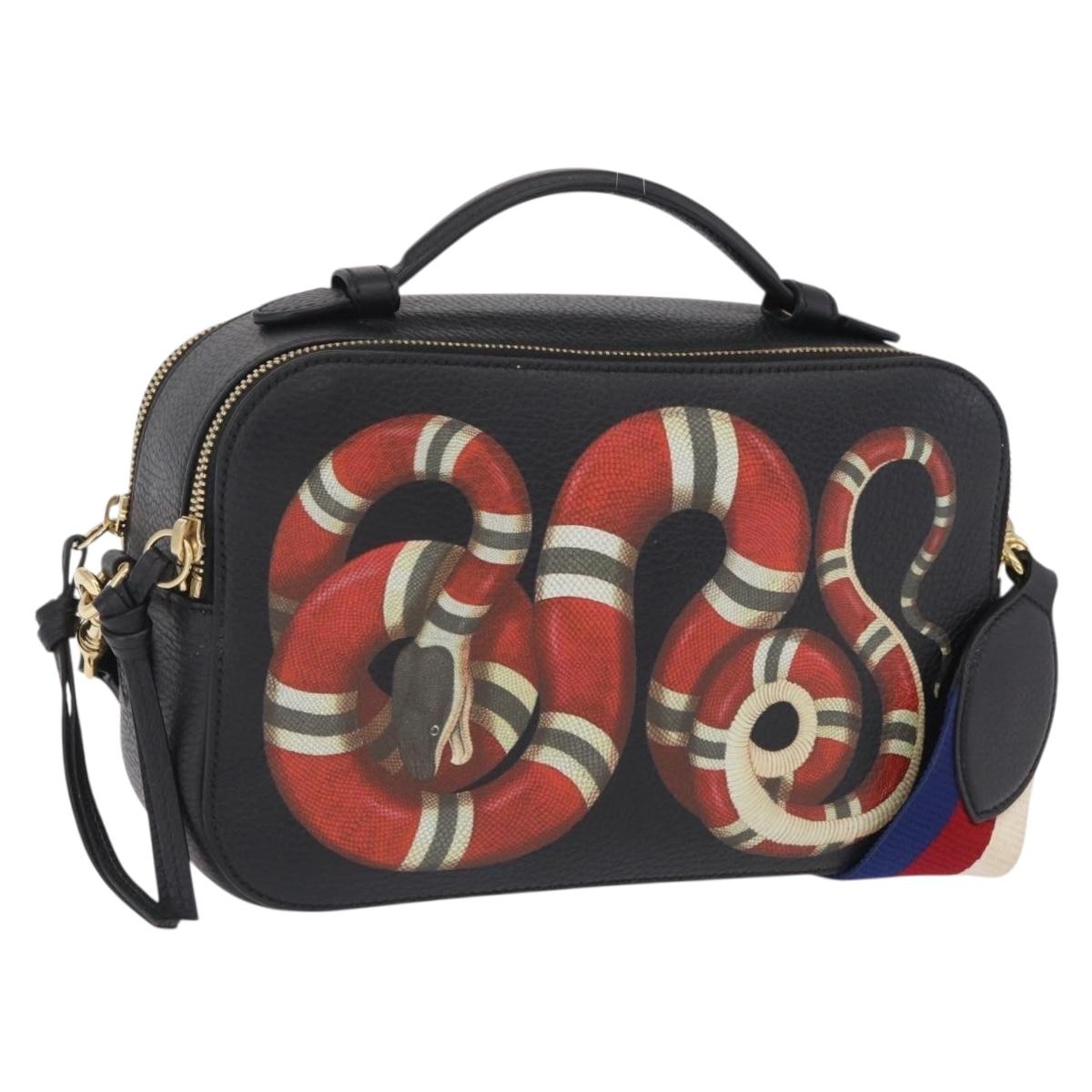 GUCCI Snake Shoulder Bag Leather Black Gold Tone 453565 Auth ka6449V