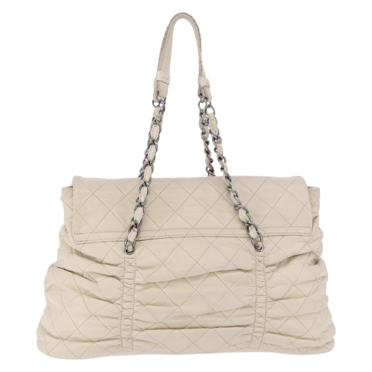 CHANEL Chain Matelasse Shoulder Bag Lamb Skin Ivory Silver CC Auth 186310 image 2