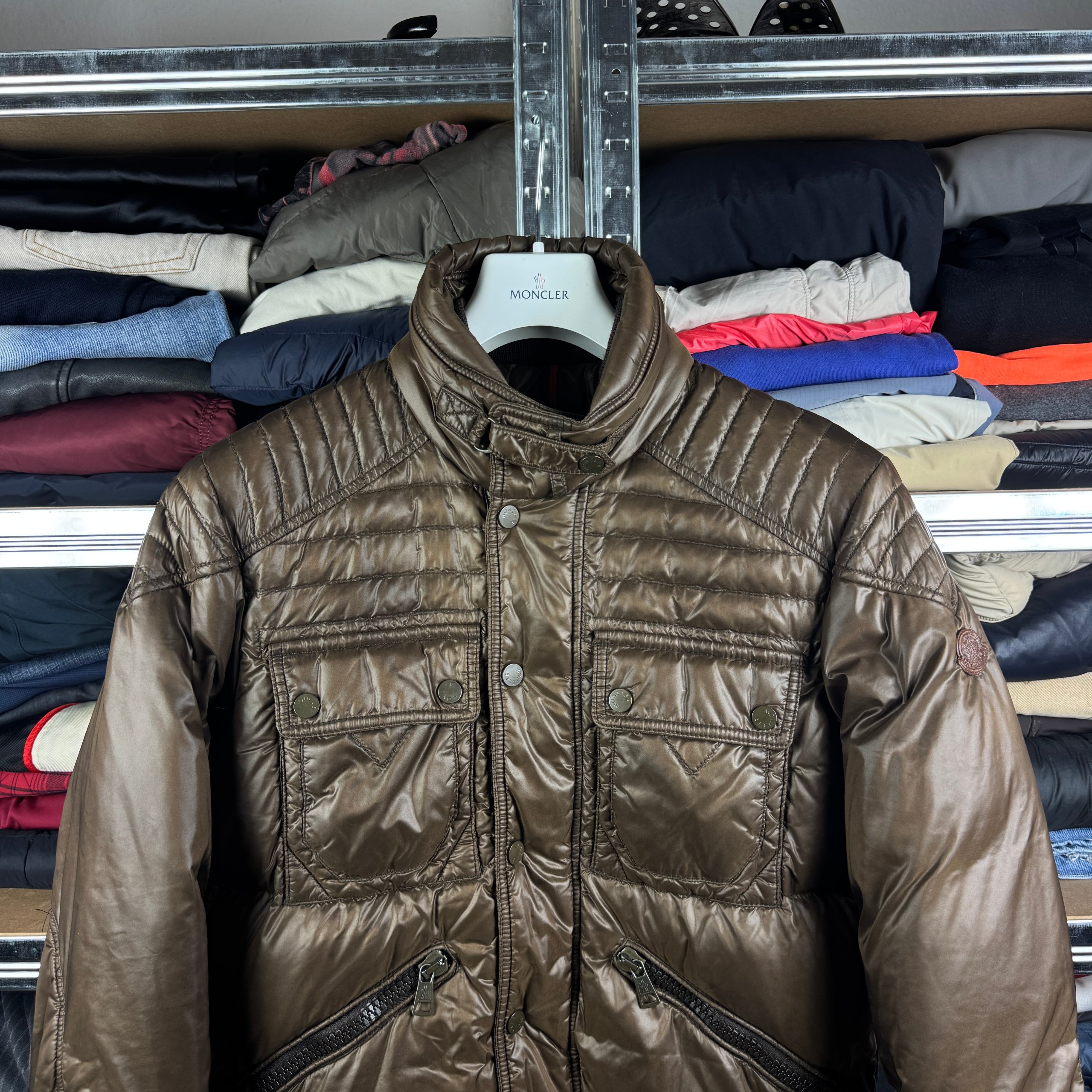 Men`s Moncler Columbus Brown Puffer Jacket Leather Logo Size 3 / M-L image 7