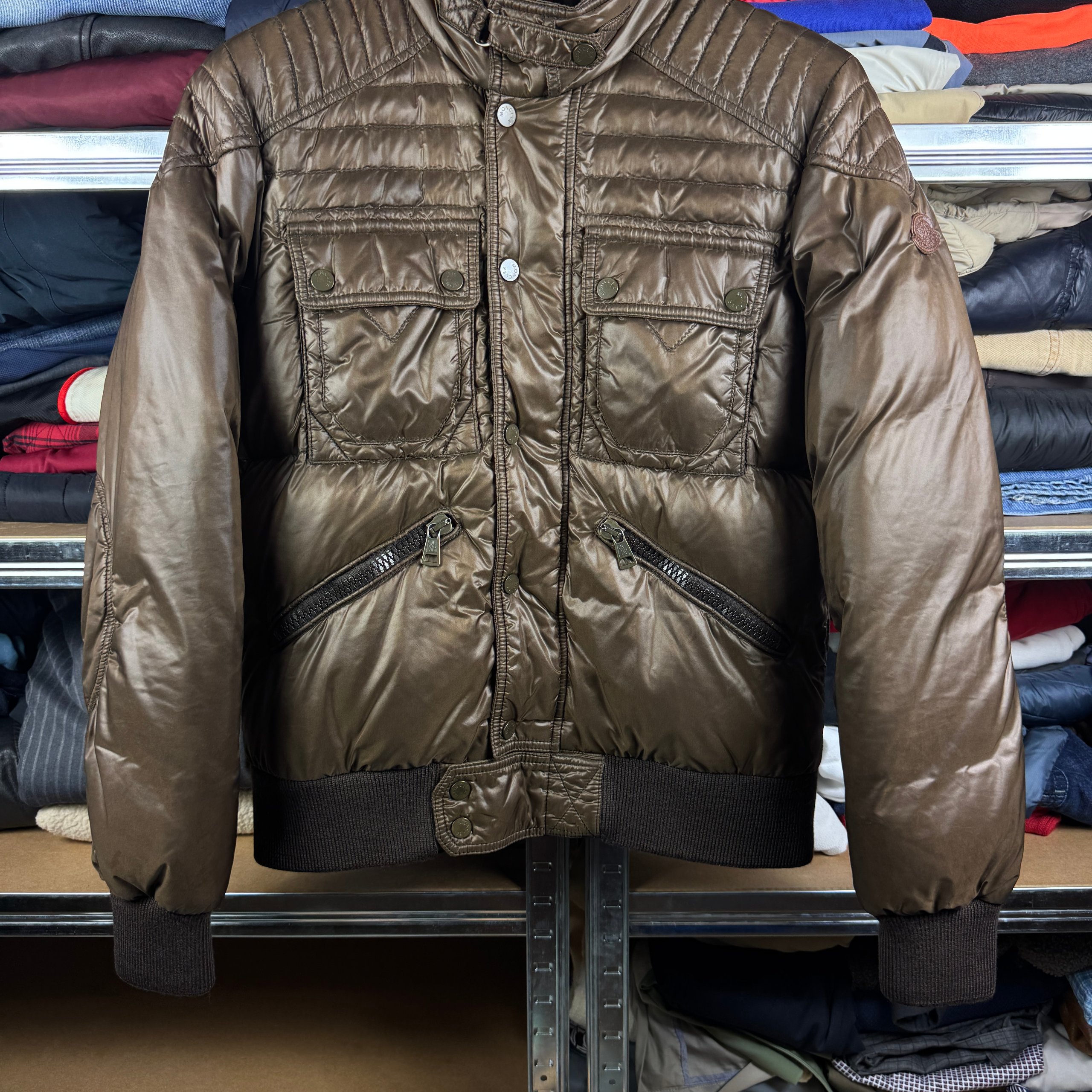Men`s Moncler Columbus Brown Puffer Jacket Leather Logo Size 3 / M-L image 8