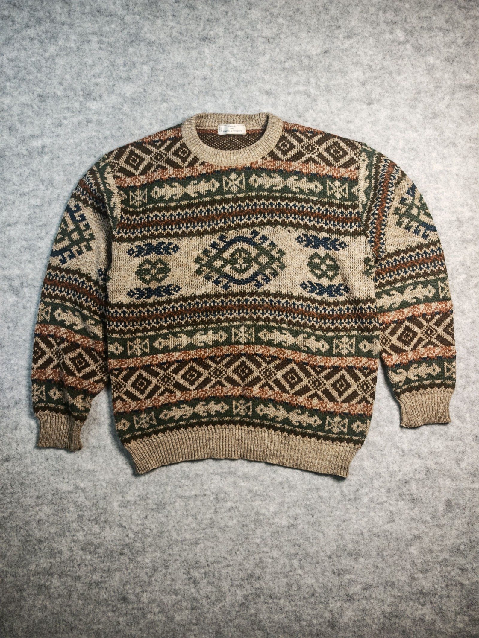 Marks & Spencer Mens Beige Brown Patterned Crew Neck Jumper 1193