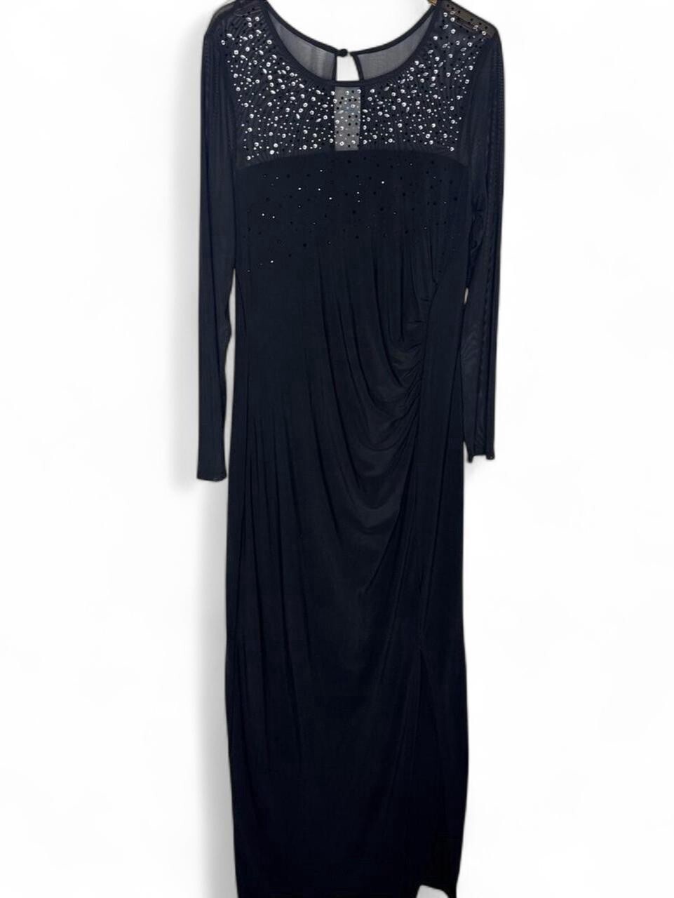 Monsoon Women's Black Mesh Embellished Maxi Dress Rhinestone Ruched UK 14