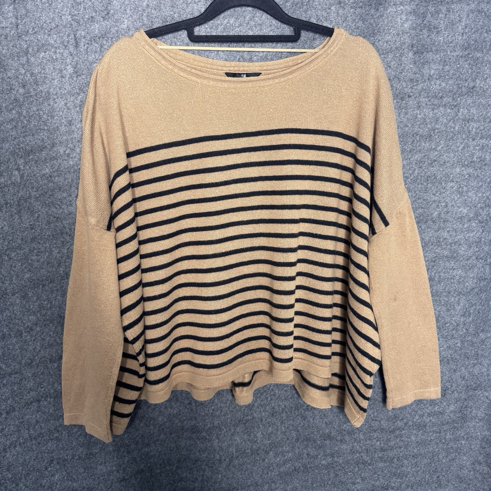 H&M Women's Striped Knit Jumper Camel Beige Black Oversized Small Angora Blend