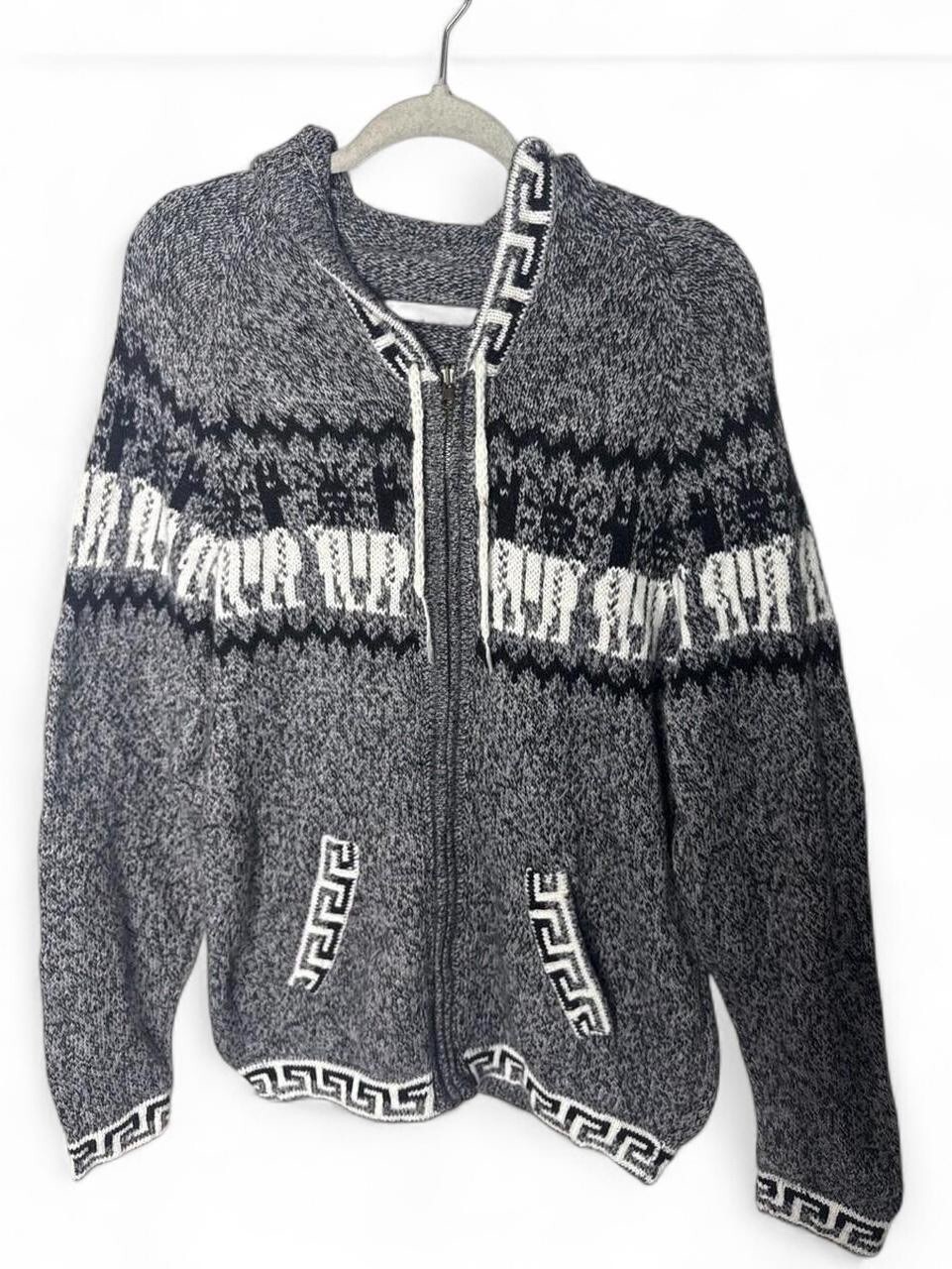 Handmade in Peru Alpaca Wool Zip Hooded Sweater - Grey Llama Geometric Knit