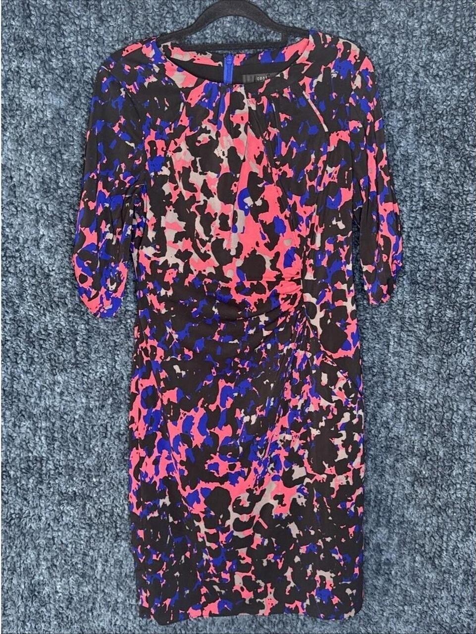 Coast Abstract Print Ruched Sheath Dress 12 Cobalt Blue & Pink Exposed Back Zip