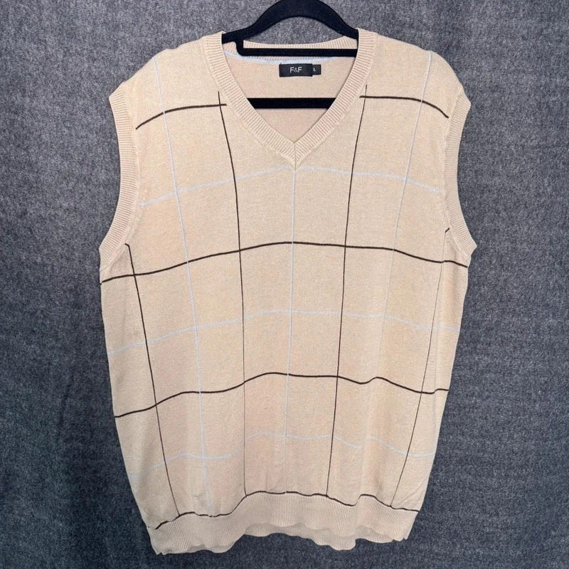 F&F Men's Beige Windowpane Checked V-Neck Tank Top Sweater Vest Size L 100% Cotton