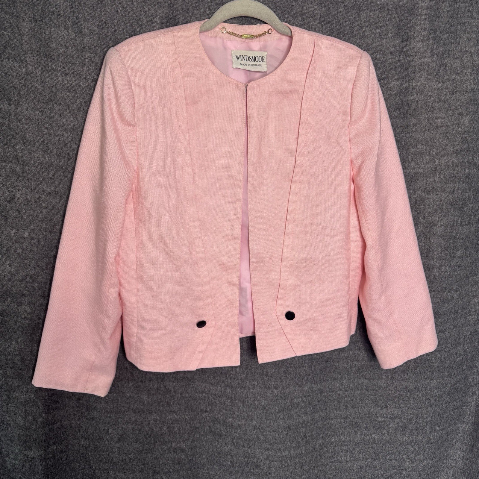 Vintage Windsmoor Made in England Women's Pastel Pink Open Short Blazer Size 14