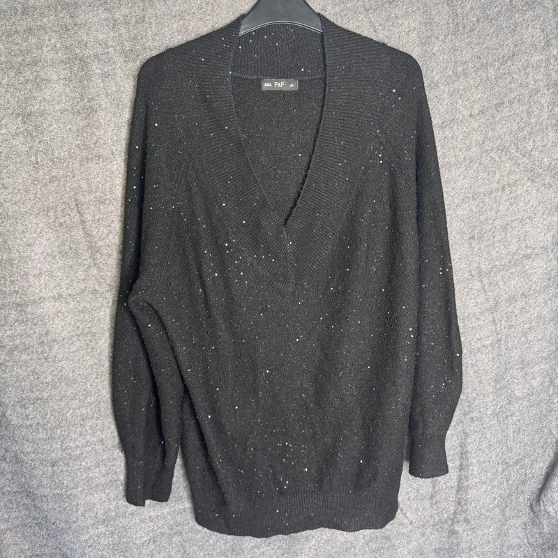 F&F Black Sequin Sparkle Deep V-Neck Jumper Oversized Knit Sweater Size L UK 16 18
