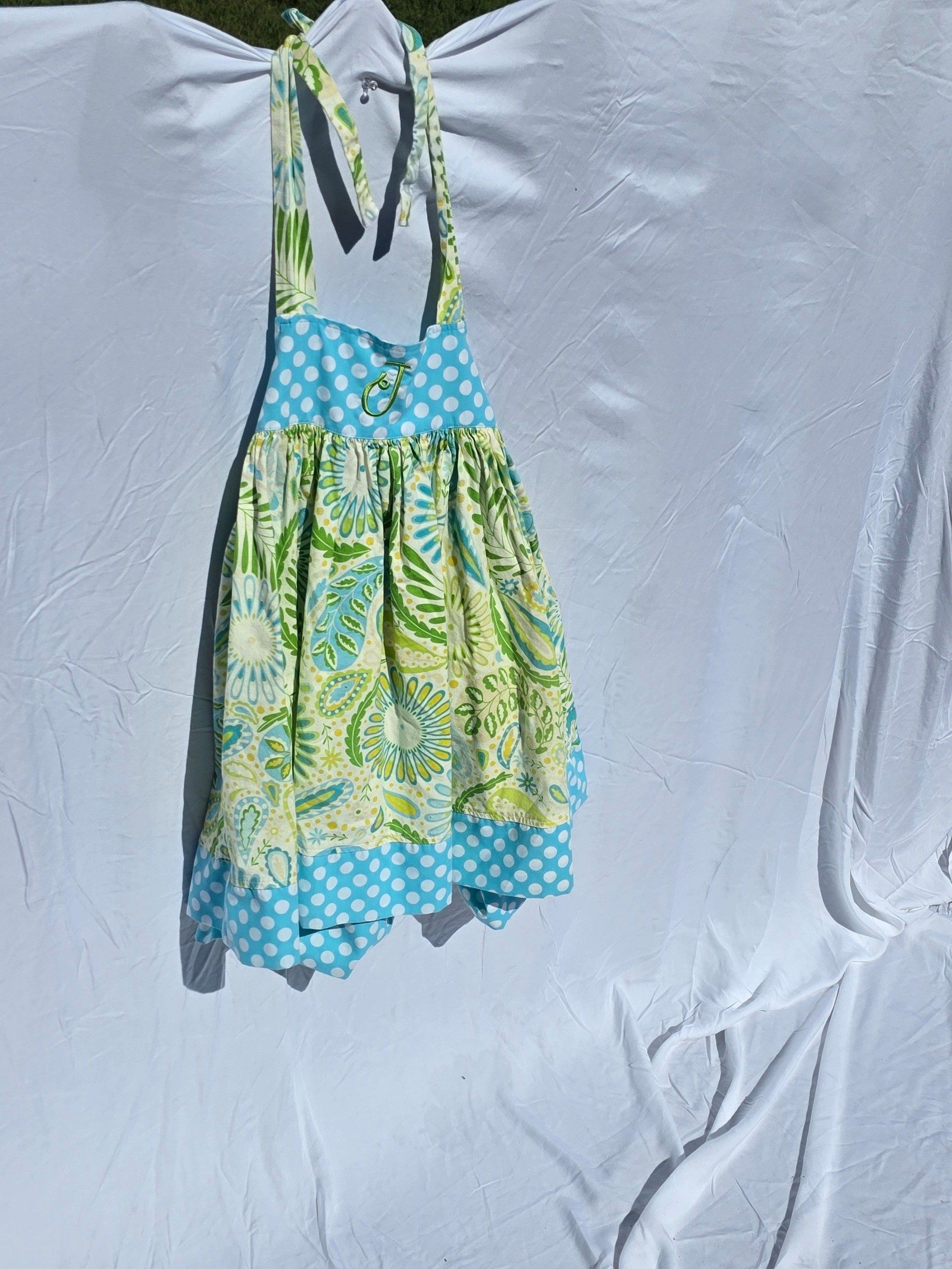 Handmade Girls Multi Green & Blue Dress Size 5/6 J Monogram