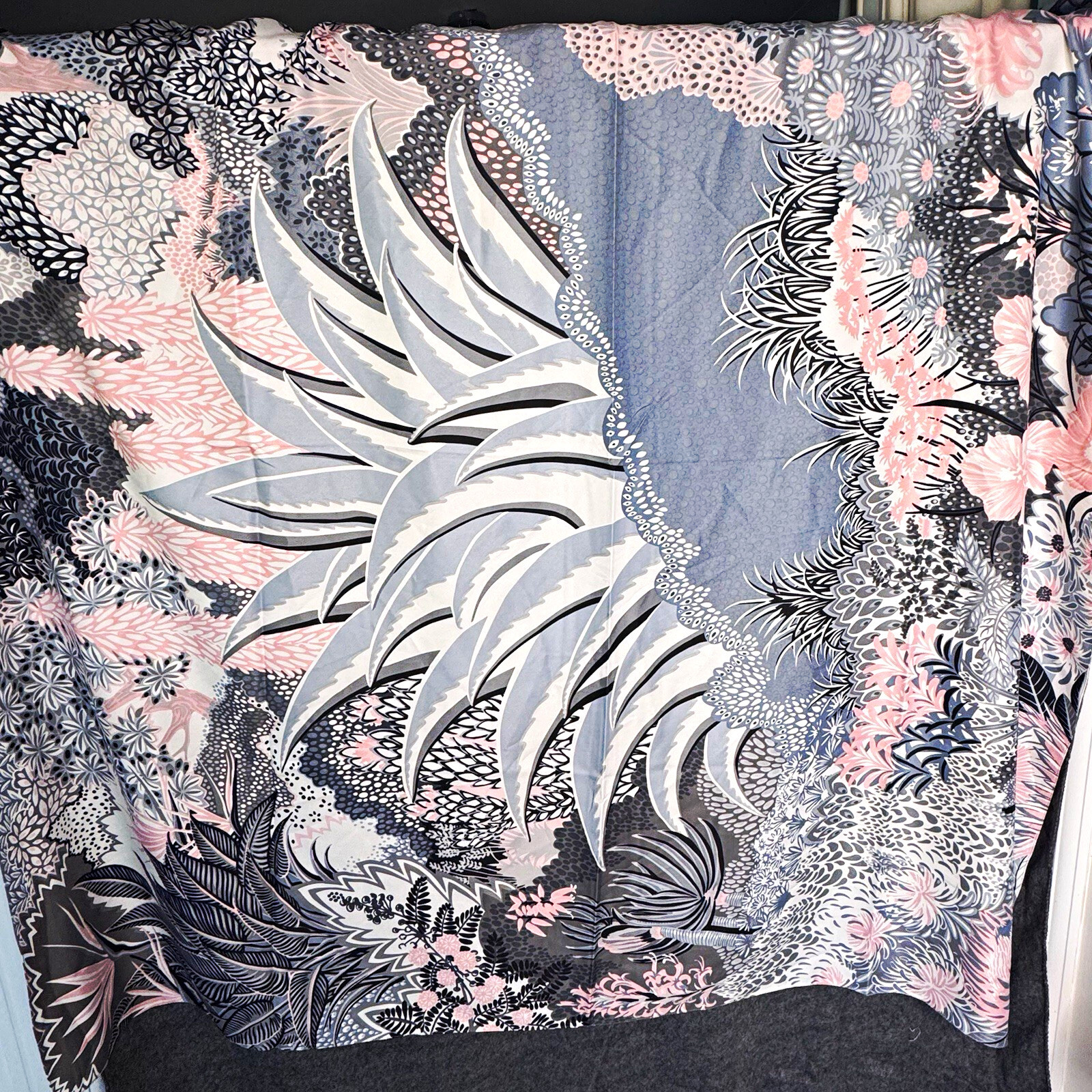100% Silk Large Square Scarf Botanical Agave Floral Graphic Print Grey Pink
