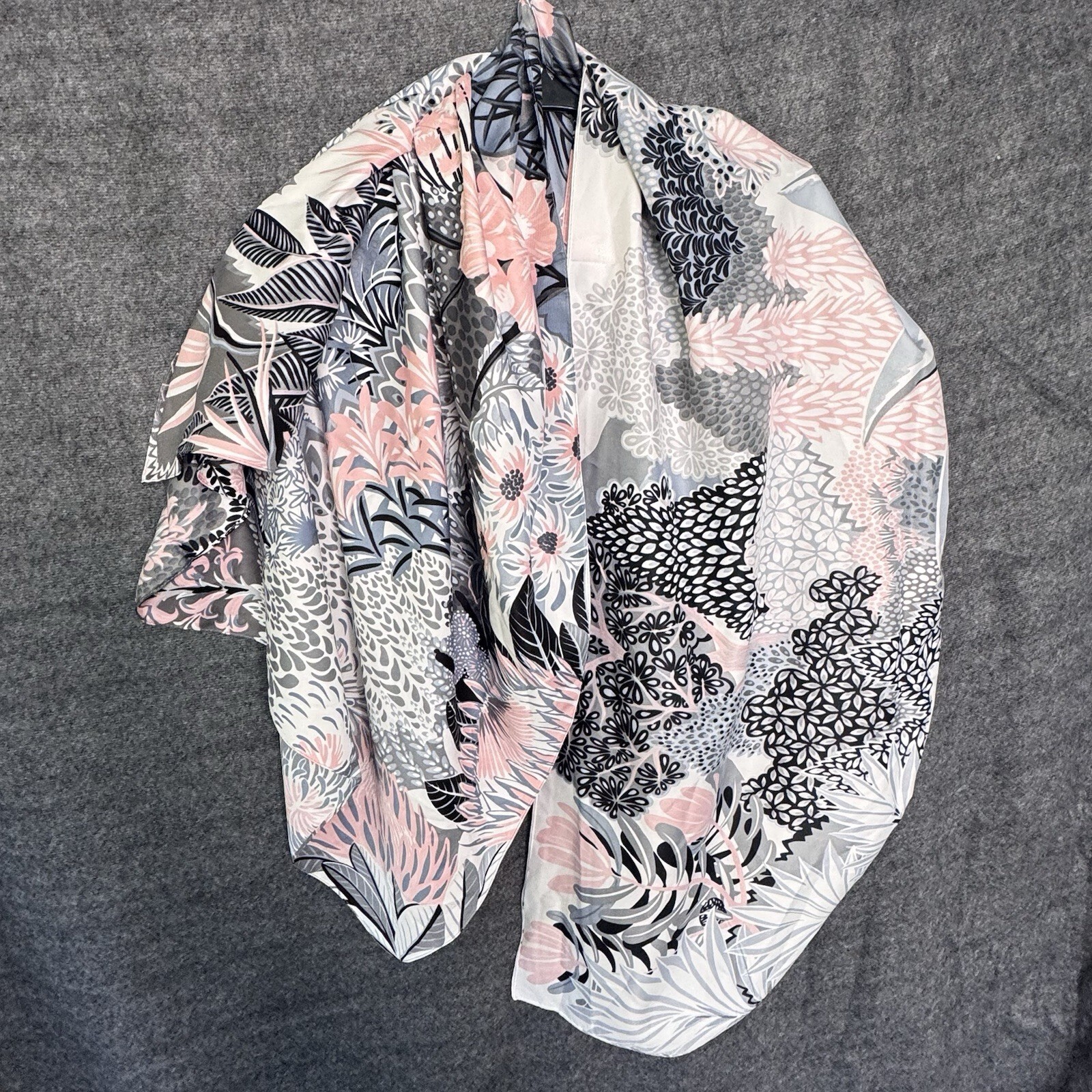 100% Silk Large Square Scarf Botanical Agave Floral Graphic Print Grey Pink image 2