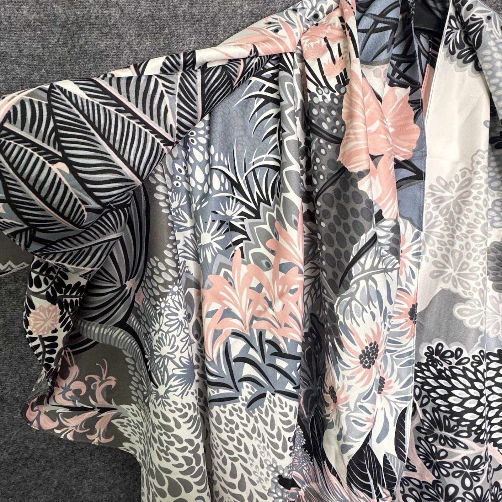 100% Silk Large Square Scarf Botanical Agave Floral Graphic Print Grey Pink image 4