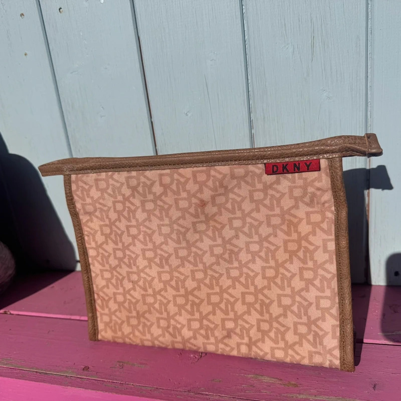 Vintage DKNY Beige Monogram Print Wash Bag Makeup Pouch Clutch Bag