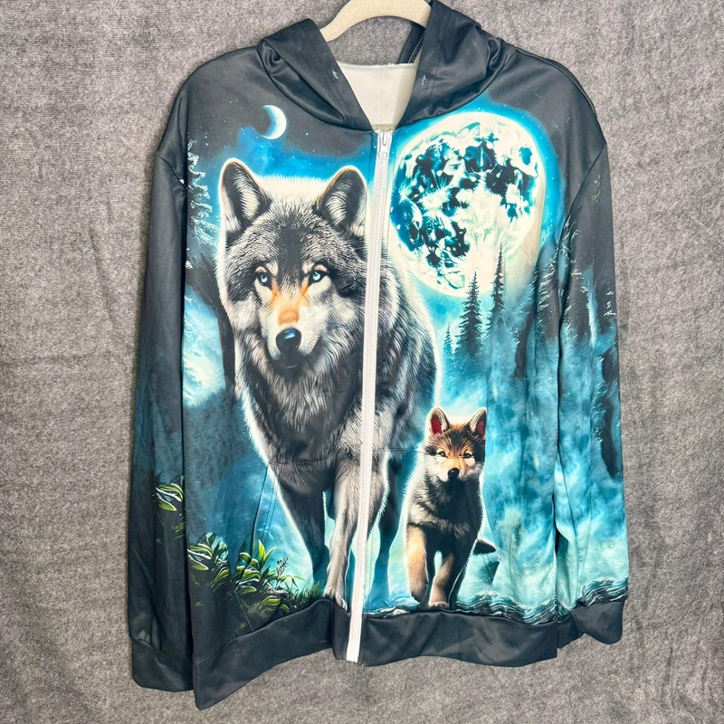Wolf Full Zip Hoodie Graphic Print Moon Forest 100% Polyester Size L