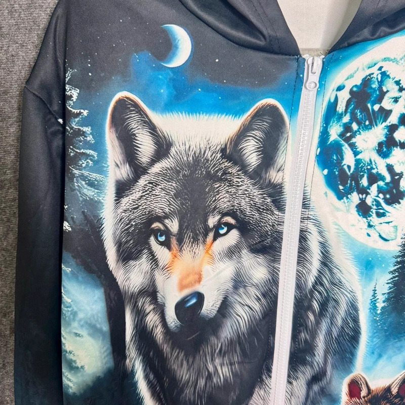 Wolf Full Zip Hoodie Graphic Print Moon Forest 100% Polyester Size L image 2
